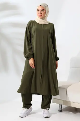 Kadın Haki Medine İpeği Hac Umre Kıyafeti Tesettür İkili Takım - ihvanonline (1)