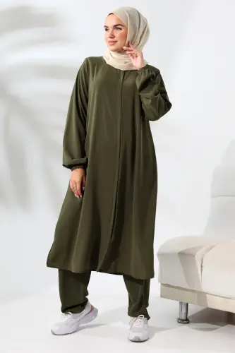 Kadın Haki Medine İpeği Hac Umre Kıyafeti Tesettür İkili Takım - 7