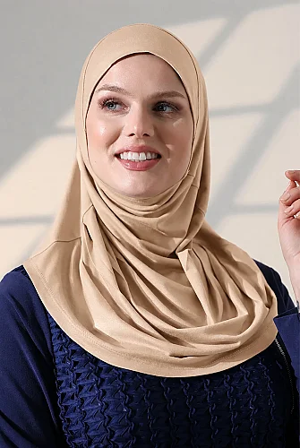 Tek Parça Pratik Namaz Başörtüsü, Hazır Geçmeli Tesettür Şal - Bej - ihvanonline (1)