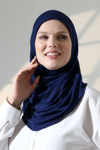 Tek Parça Pratik Namaz Başörtüsü, Hazır Geçmeli Tesettür Şal - Lacivert - 3
