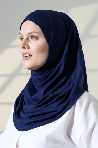 Tek Parça Pratik Namaz Başörtüsü, Hazır Geçmeli Tesettür Şal - Lacivert - 4