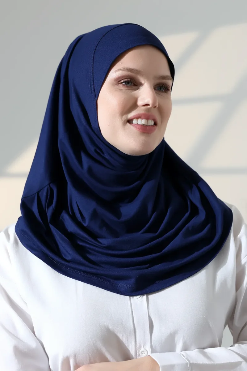 Tek Parça Pratik Namaz Başörtüsü, Hazır Geçmeli Tesettür Şal - Lacivert - 6