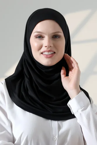 Tek Parça Pratik Namaz Başörtüsü, Hazır Geçmeli Tesettür Şal - Siyah - 3