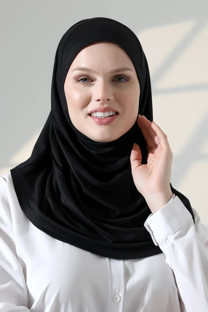 Tek Parça Pratik Namaz Başörtüsü, Hazır Geçmeli Tesettür Şal - Siyah - 3