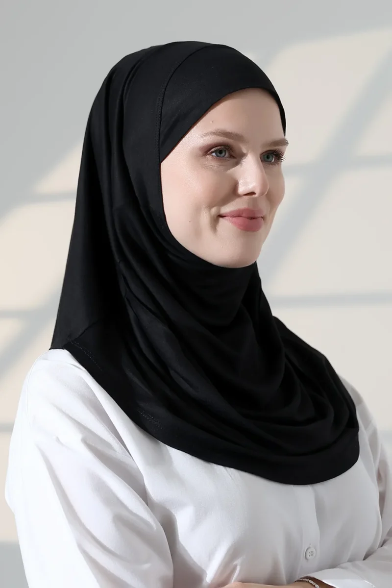 Tek Parça Pratik Namaz Başörtüsü, Hazır Geçmeli Tesettür Şal - Siyah - 4