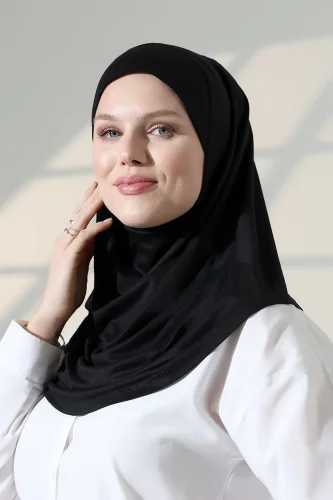 Tek Parça Pratik Namaz Başörtüsü, Hazır Geçmeli Tesettür Şal - Siyah - 5