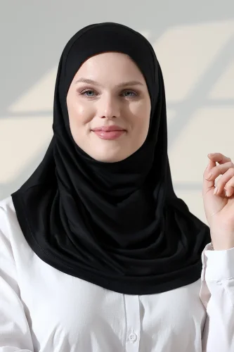 Tek Parça Pratik Namaz Başörtüsü, Hazır Geçmeli Tesettür Şal - Siyah - 6