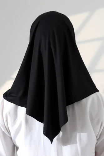 Tek Parça Pratik Namaz Başörtüsü, Hazır Geçmeli Tesettür Şal - Siyah - 8