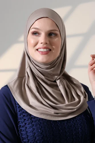 Tek Parça Pratik Namaz Başörtüsü, Hazır Geçmeli Tesettür Şal - Vizon - 2
