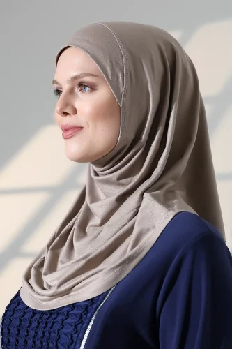 Tek Parça Pratik Namaz Başörtüsü, Hazır Geçmeli Tesettür Şal - Vizon - 7