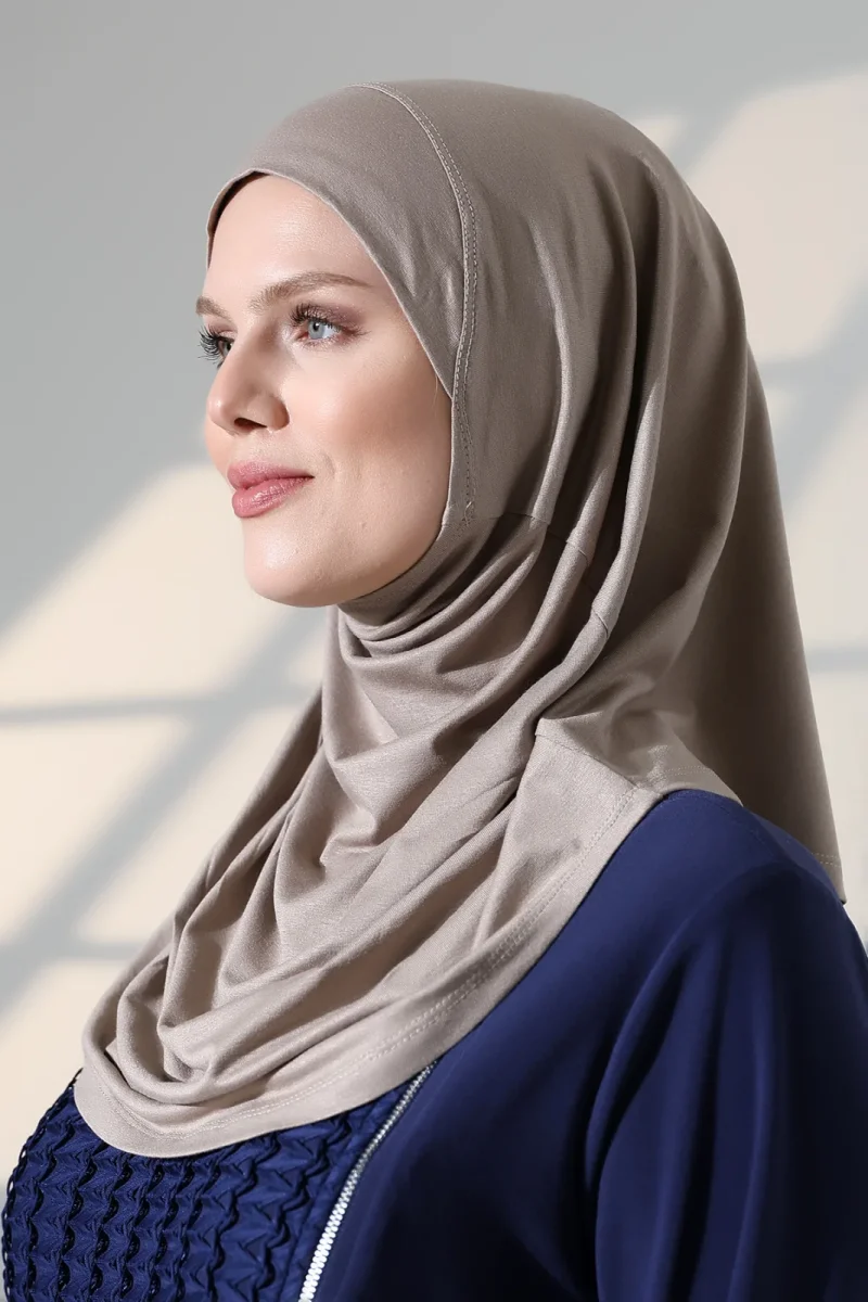 Tek Parça Pratik Namaz Başörtüsü, Hazır Geçmeli Tesettür Şal - Vizon - 7