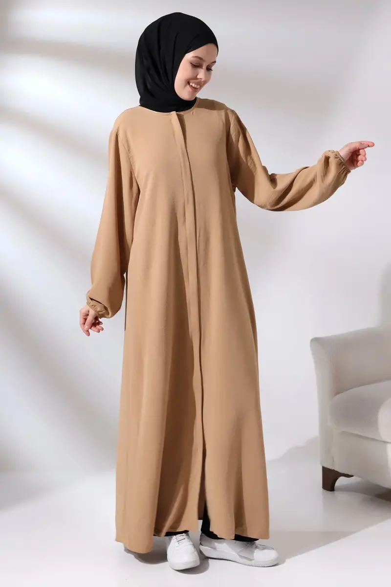 Kadın Kapuçino Aerobin Gizli Fermuarlı Hac Umre Kıyafeti Tesettür Ferace - 3
