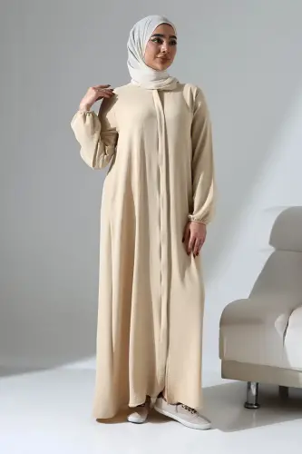 Kadın Krem Aerobin Gizli Fermuarlı Hac Umre Kıyafeti Tesettür Ferace - 3