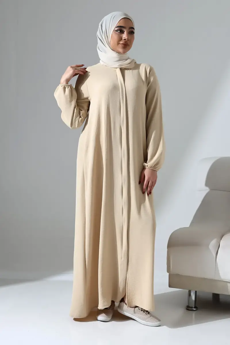 Kadın Krem Aerobin Gizli Fermuarlı Hac Umre Kıyafeti Tesettür Ferace - 3