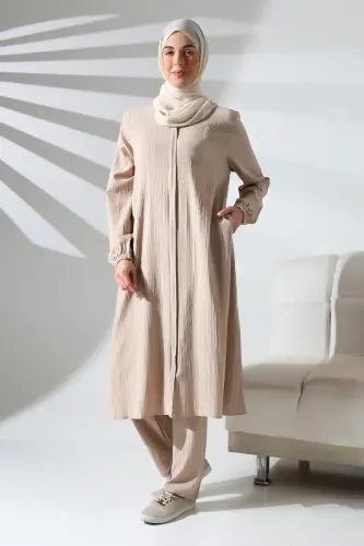 Kadın Bürümcük Kumaş Gizli Fermuarlı İkili Takım Hac Umre Kıyafeti Krem 