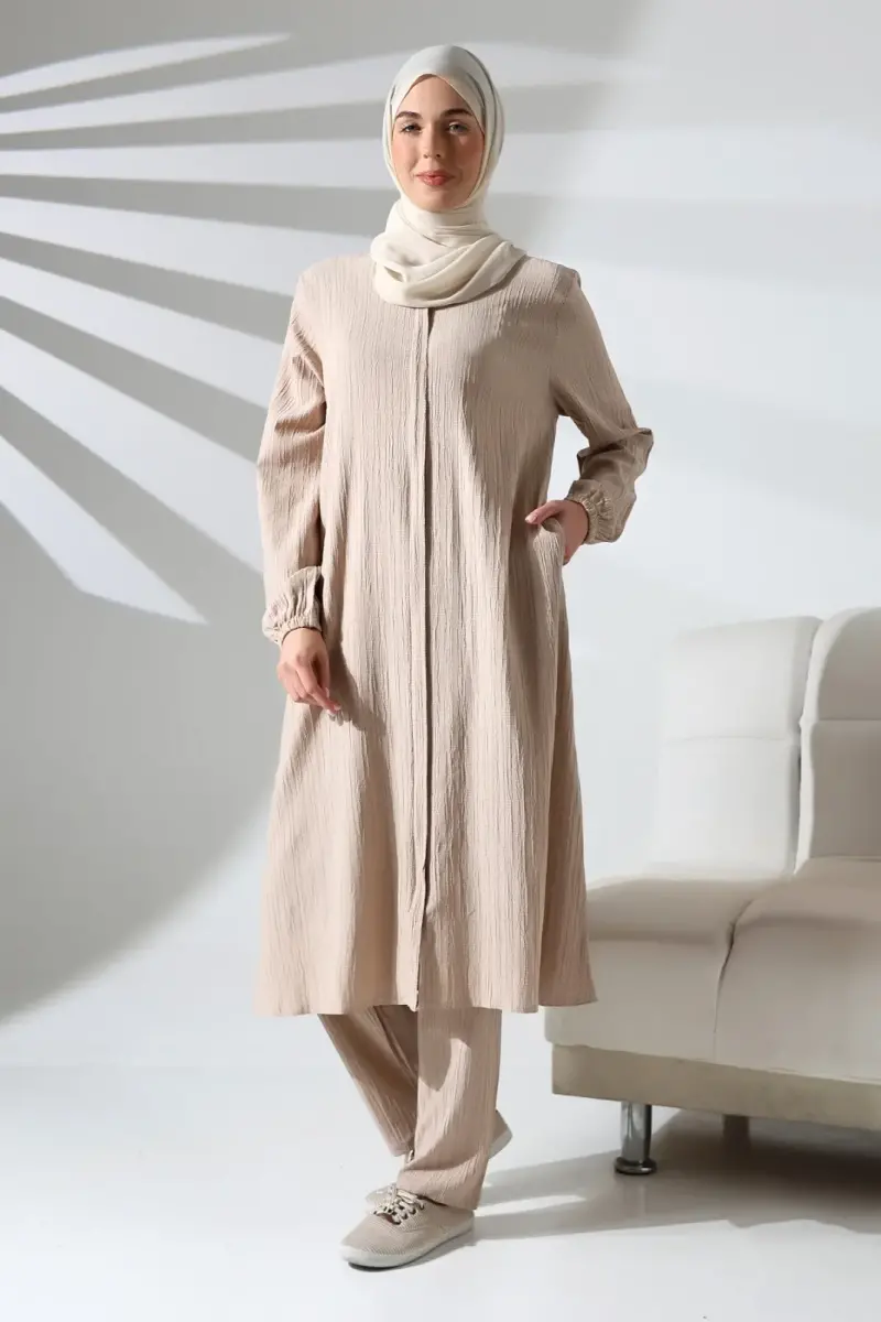 Kadın Bürümcük Kumaş Gizli Fermuarlı İkili Takım Hac Umre Kıyafeti Krem - 1