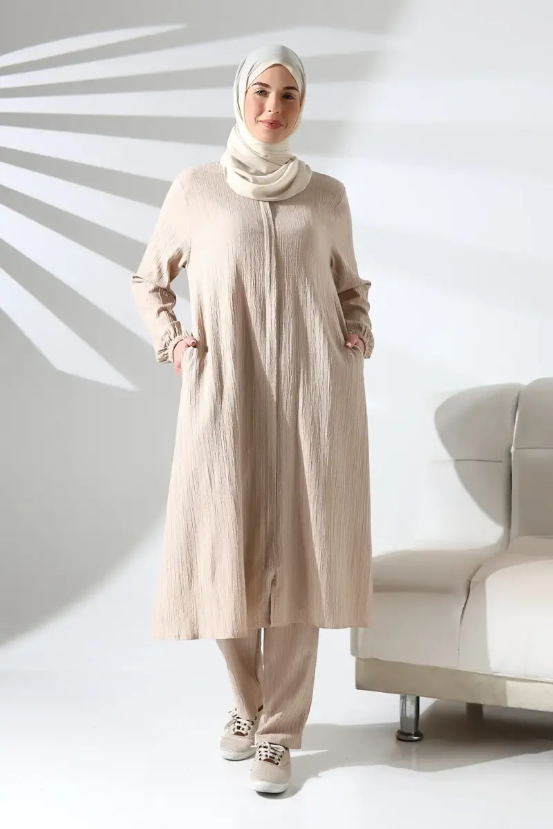 Kadın Bürümcük Kumaş Gizli Fermuarlı İkili Takım Hac Umre Kıyafeti Krem - 2
