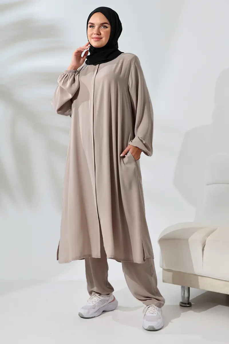 Kadın Medine İpeği Hac Umre Kıyafeti Tesettür İkili Takım - Açık Vizon - 1