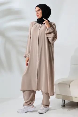 Kadın Medine İpeği Hac Umre Kıyafeti Tesettür İkili Takım - Açık Vizon - 2