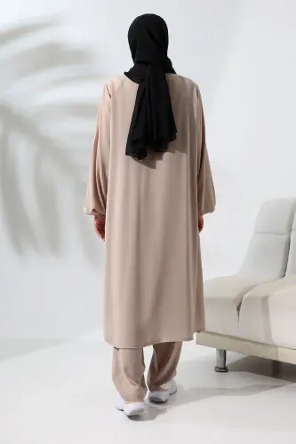 Kadın Medine İpeği Hac Umre Kıyafeti Tesettür İkili Takım - Açık Vizon - 4