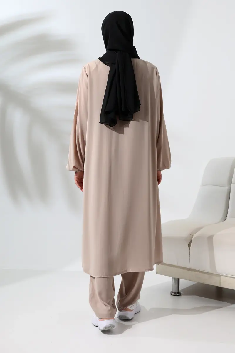 Kadın Medine İpeği Hac Umre Kıyafeti Tesettür İkili Takım - Açık Vizon - 4