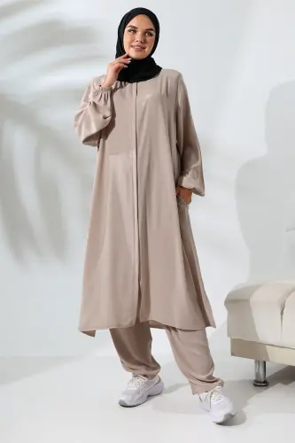 Kadın Medine İpeği Hac Umre Kıyafeti Tesettür İkili Takım - Açık Vizon - 6
