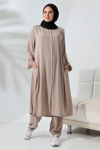 Kadın Medine İpeği Hac Umre Kıyafeti Tesettür İkili Takım - Açık Vizon - 7