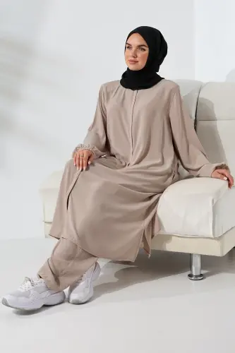 Kadın Medine İpeği Hac Umre Kıyafeti Tesettür İkili Takım - Açık Vizon - 8