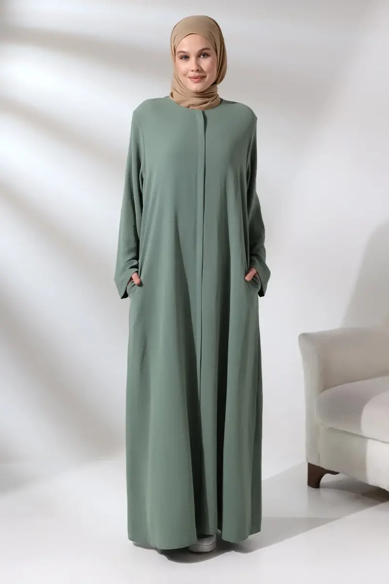 Kadın Mint Aerobin Gizli Fermuarlı Hac Umre Kıyafeti Tesettür Ferace - 1