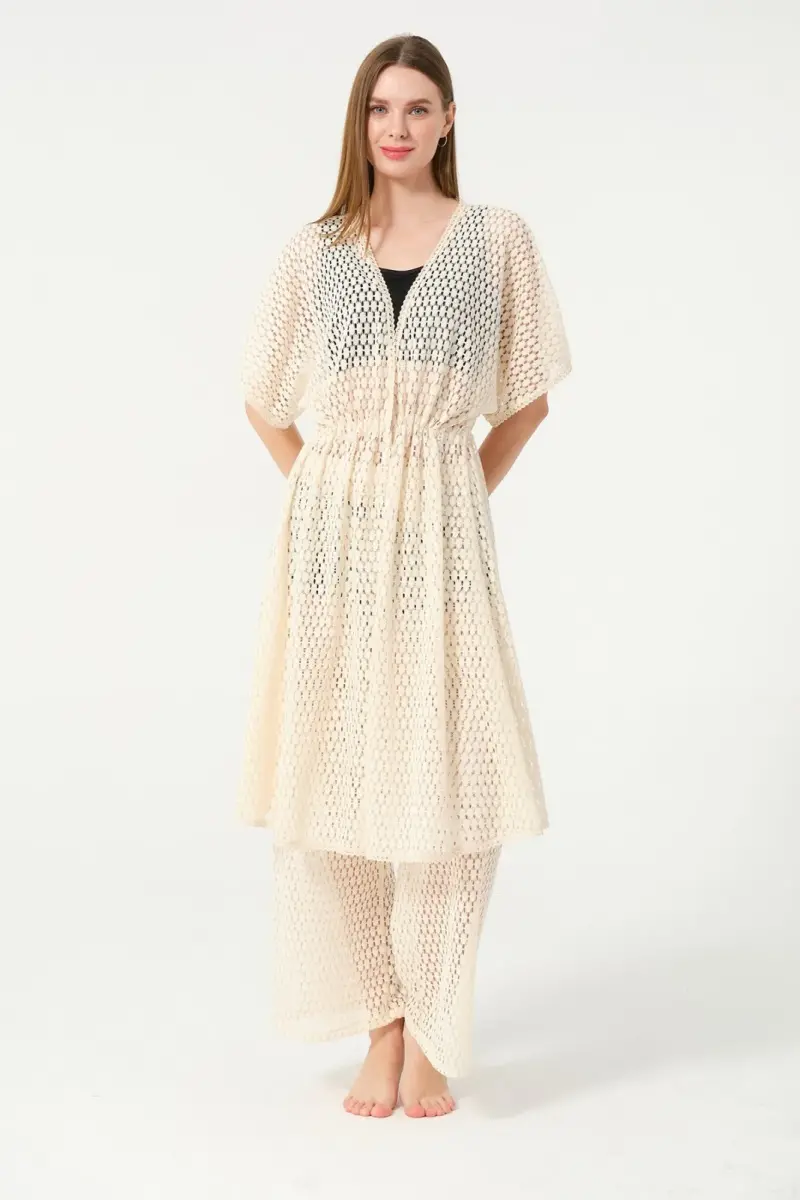 Kadın Örgü Desenli Kemerli Şifon Pareo - 2636-25 Krem - 1