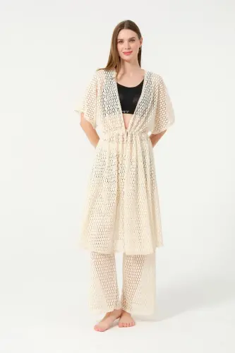 Kadın Örgü Desenli Kemerli Şifon Pareo - 2636-25 Krem - Tesmay (1)