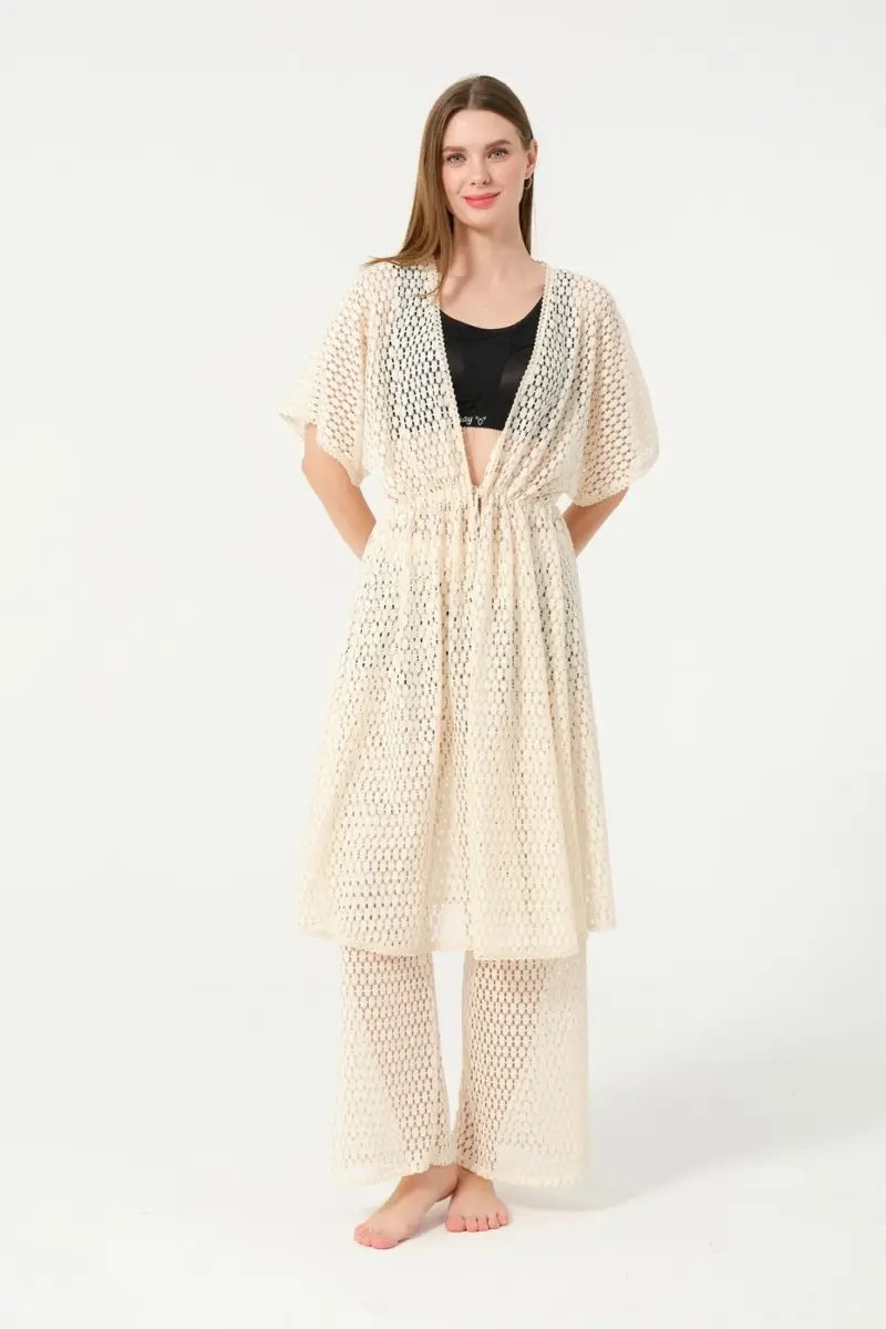 Kadın Örgü Desenli Kemerli Şifon Pareo - 2636-25 Krem - 2