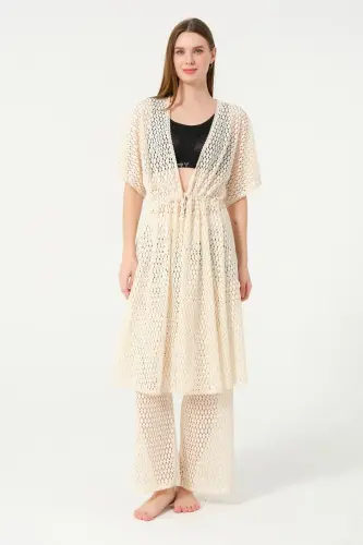 Kadın Örgü Desenli Kemerli Şifon Pareo - 2636-25 Krem - 3