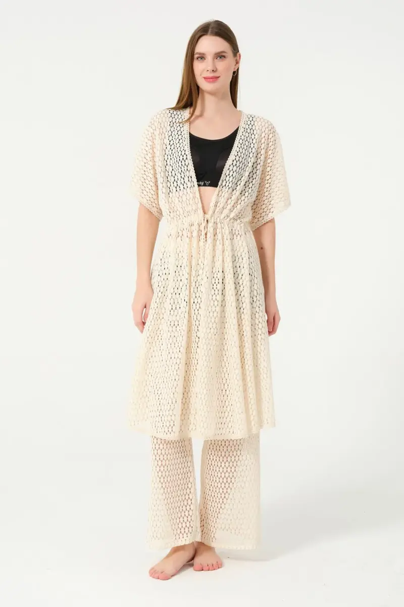 Kadın Örgü Desenli Kemerli Şifon Pareo - 2636-25 Krem - 3