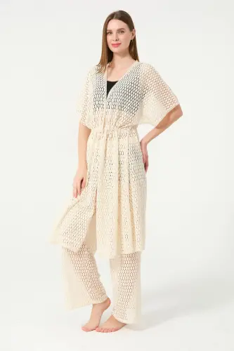Kadın Örgü Desenli Kemerli Şifon Pareo - 2636-25 Krem - 4