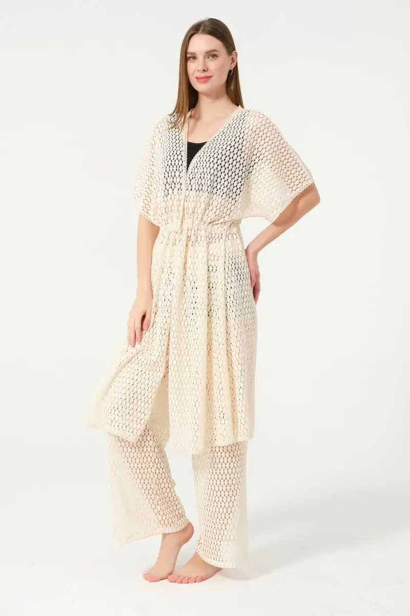 Kadın Örgü Desenli Kemerli Şifon Pareo - 2636-25 Krem - 4