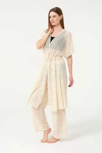 Kadın Örgü Desenli Kemerli Şifon Pareo - 2636-25 Krem - 5