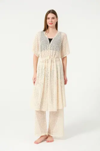 Kadın Örgü Desenli Kemerli Şifon Pareo - 2636-25 Krem - 6