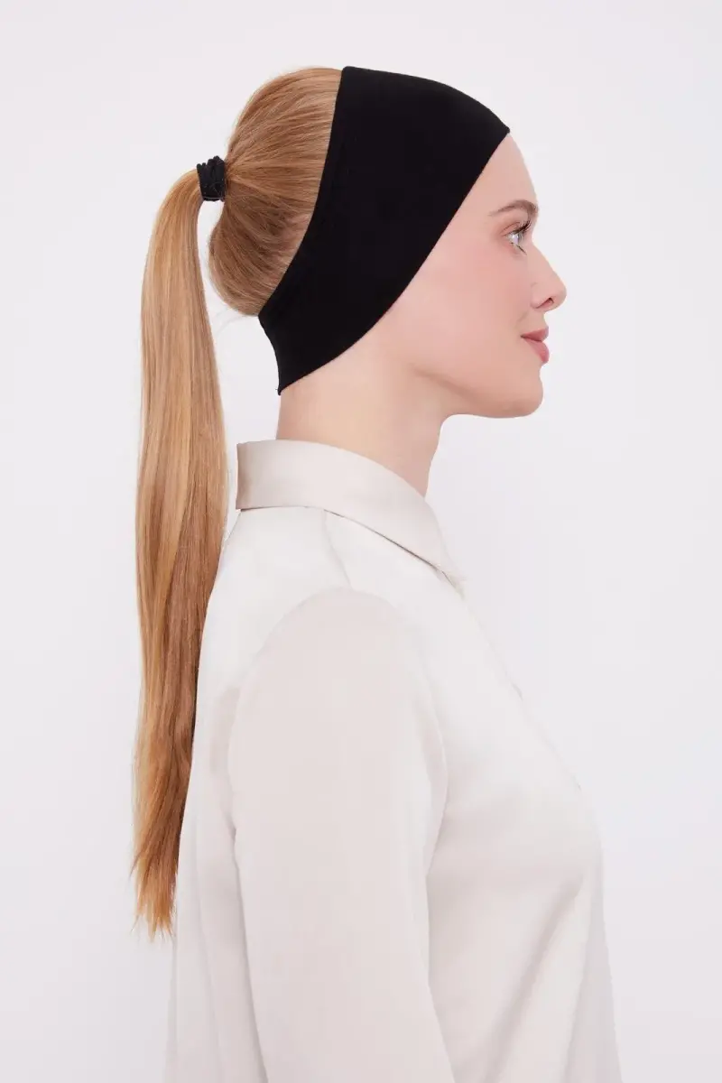 Kadın Silikonlu Kaymaz Dikişsiz Spor Saç Bandana Bone - Siyah - 2