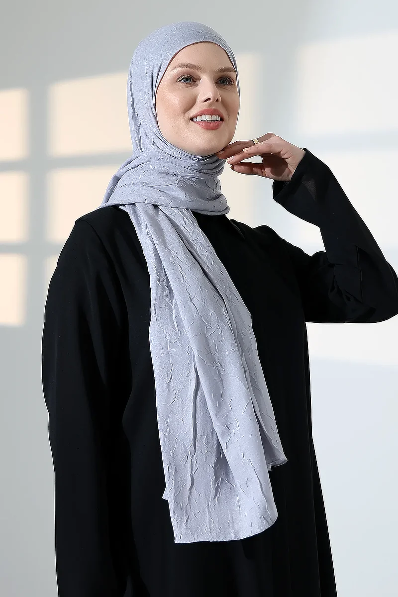 Kadın Tesettür Bambu Kraş Şal, Ütü Gerektirmeyen Doğal Hijab Başörtüsü (75x180 cm) - Gri - 4