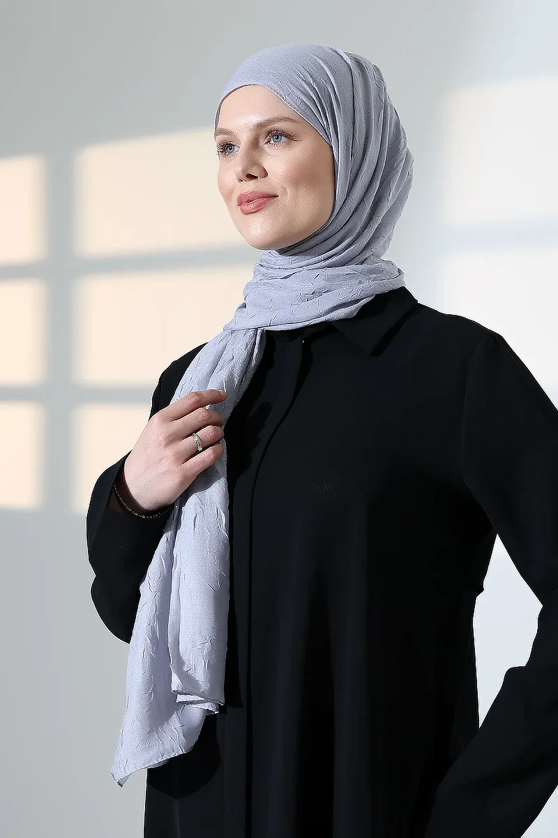 Kadın Tesettür Bambu Kraş Şal, Ütü Gerektirmeyen Doğal Hijab Başörtüsü (75x180 cm) - Gri - 5