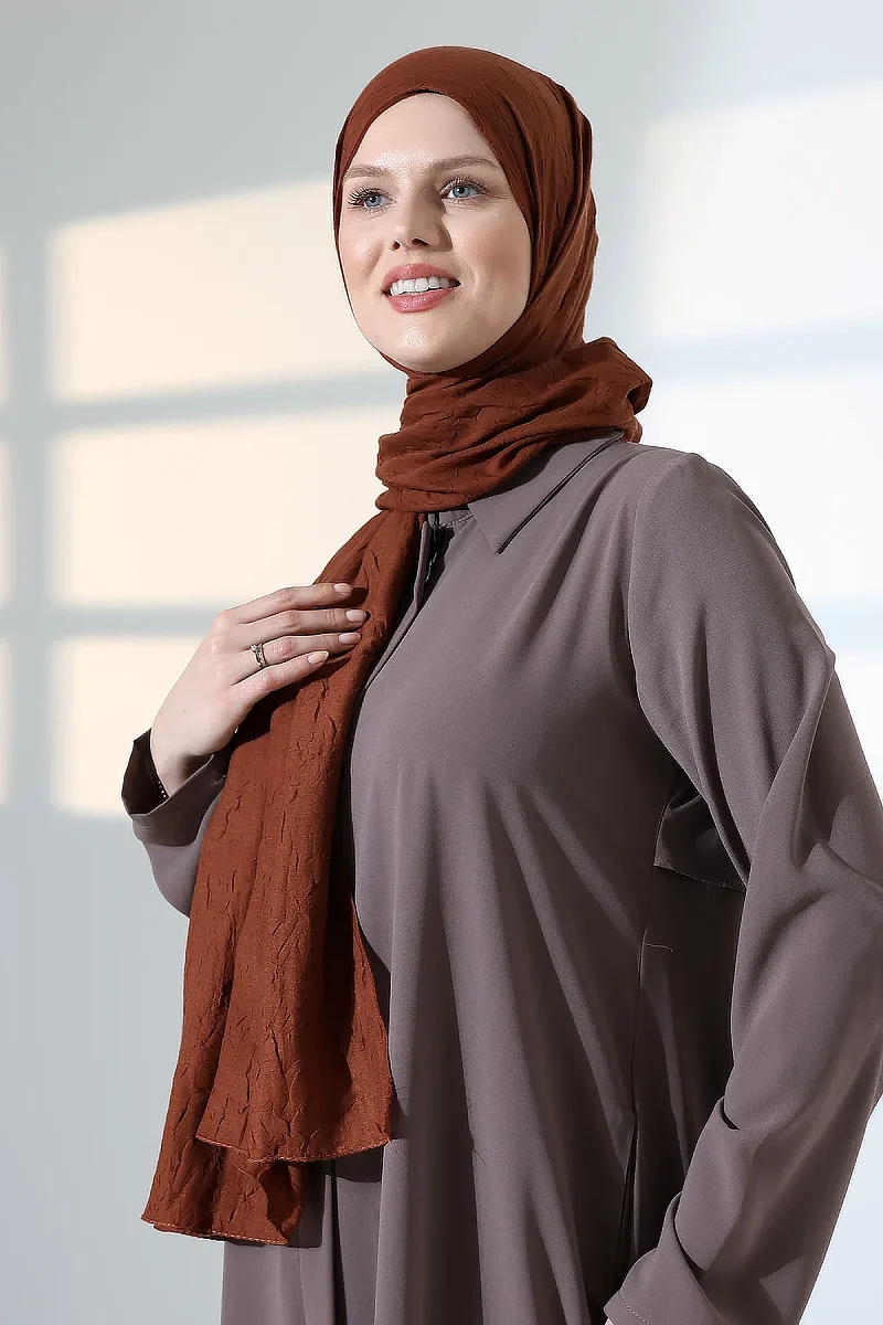 Kadın Tesettür Bambu Kraş Şal, Ütü Gerektirmeyen Doğal Hijab Başörtüsü (75x180 cm) - Kahverengi - 7