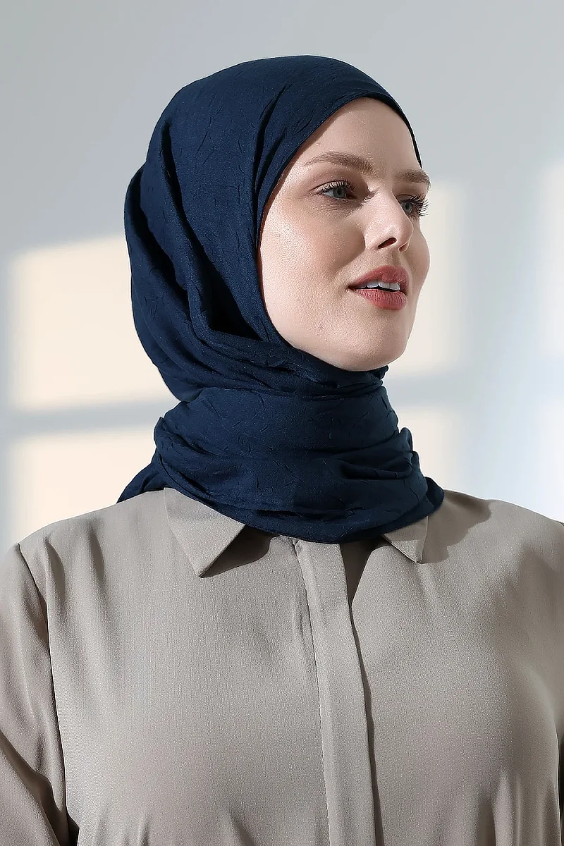 Kadın Tesettür Bambu Kraş Şal, Ütü Gerektirmeyen Doğal Hijab Başörtüsü (75x180 cm) - Lacivert - 1