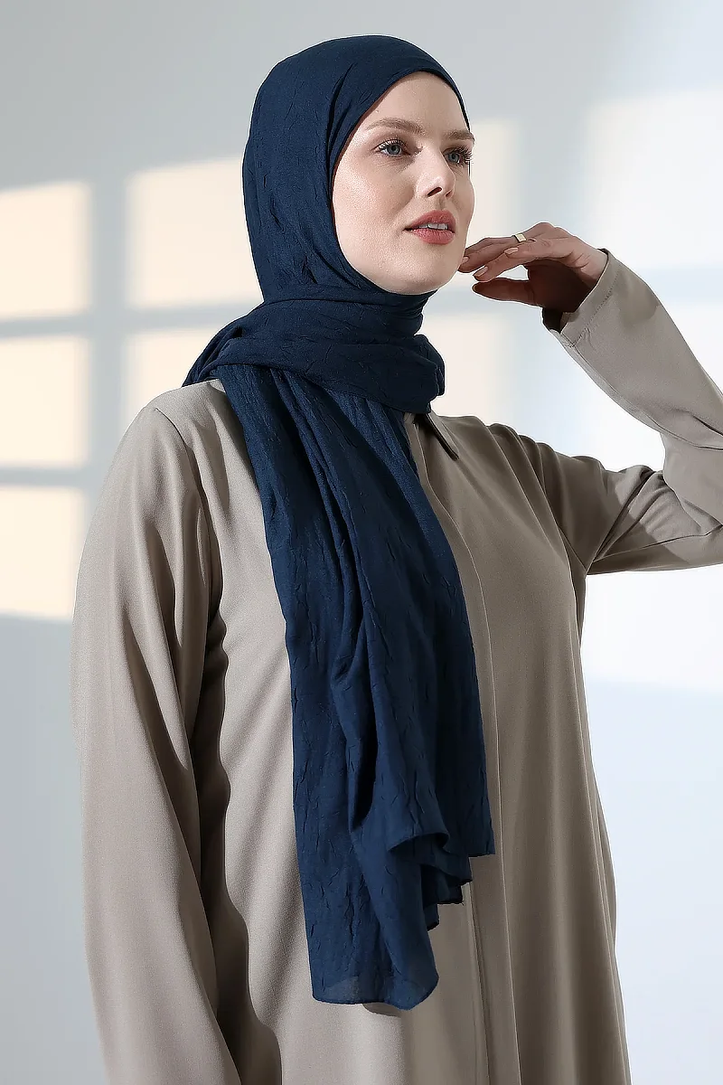 Kadın Tesettür Bambu Kraş Şal, Ütü Gerektirmeyen Doğal Hijab Başörtüsü (75x180 cm) - Lacivert - 4