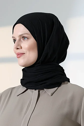 Kadın Tesettür Bambu Kraş Şal, Ütü Gerektirmeyen Doğal Hijab Başörtüsü (75x180 cm) - Siyah 