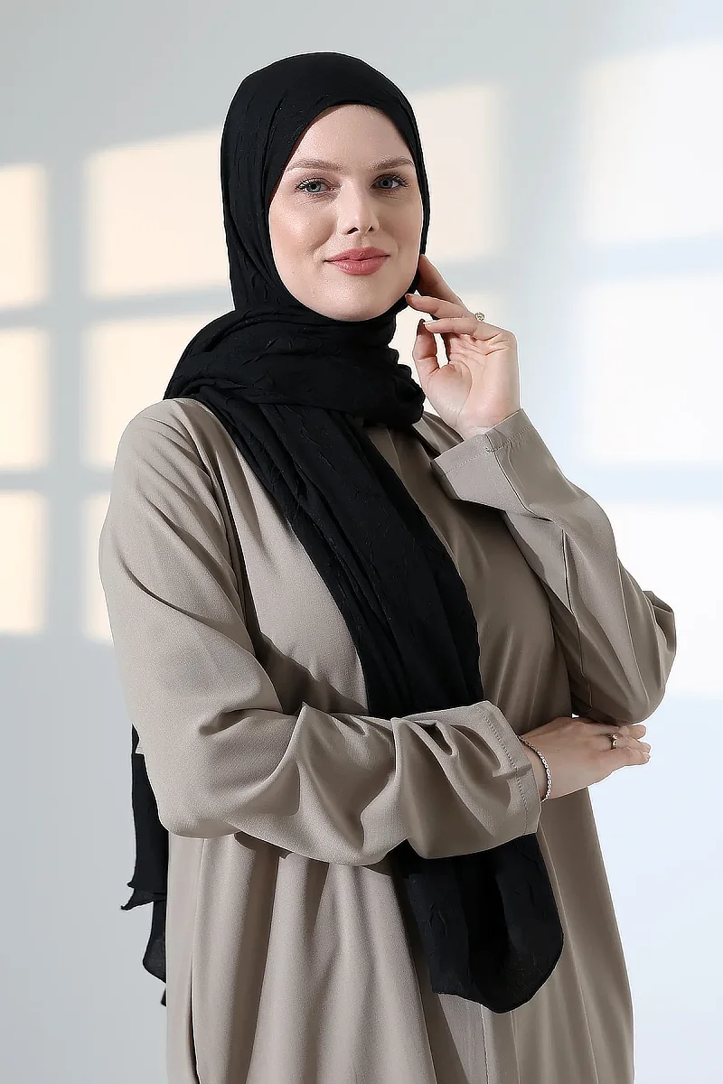 Kadın Tesettür Bambu Kraş Şal, Ütü Gerektirmeyen Doğal Hijab Başörtüsü (75x180 cm) - Siyah - 2