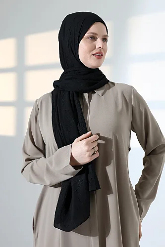 Kadın Tesettür Bambu Kraş Şal, Ütü Gerektirmeyen Doğal Hijab Başörtüsü (75x180 cm) - Siyah - 6