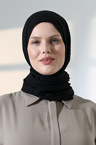 Kadın Tesettür Bambu Kraş Şal, Ütü Gerektirmeyen Doğal Hijab Başörtüsü (75x180 cm) - Siyah - 7