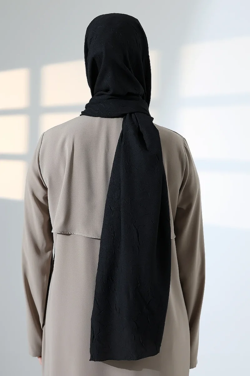 Kadın Tesettür Bambu Kraş Şal, Ütü Gerektirmeyen Doğal Hijab Başörtüsü (75x180 cm) - Siyah - 8