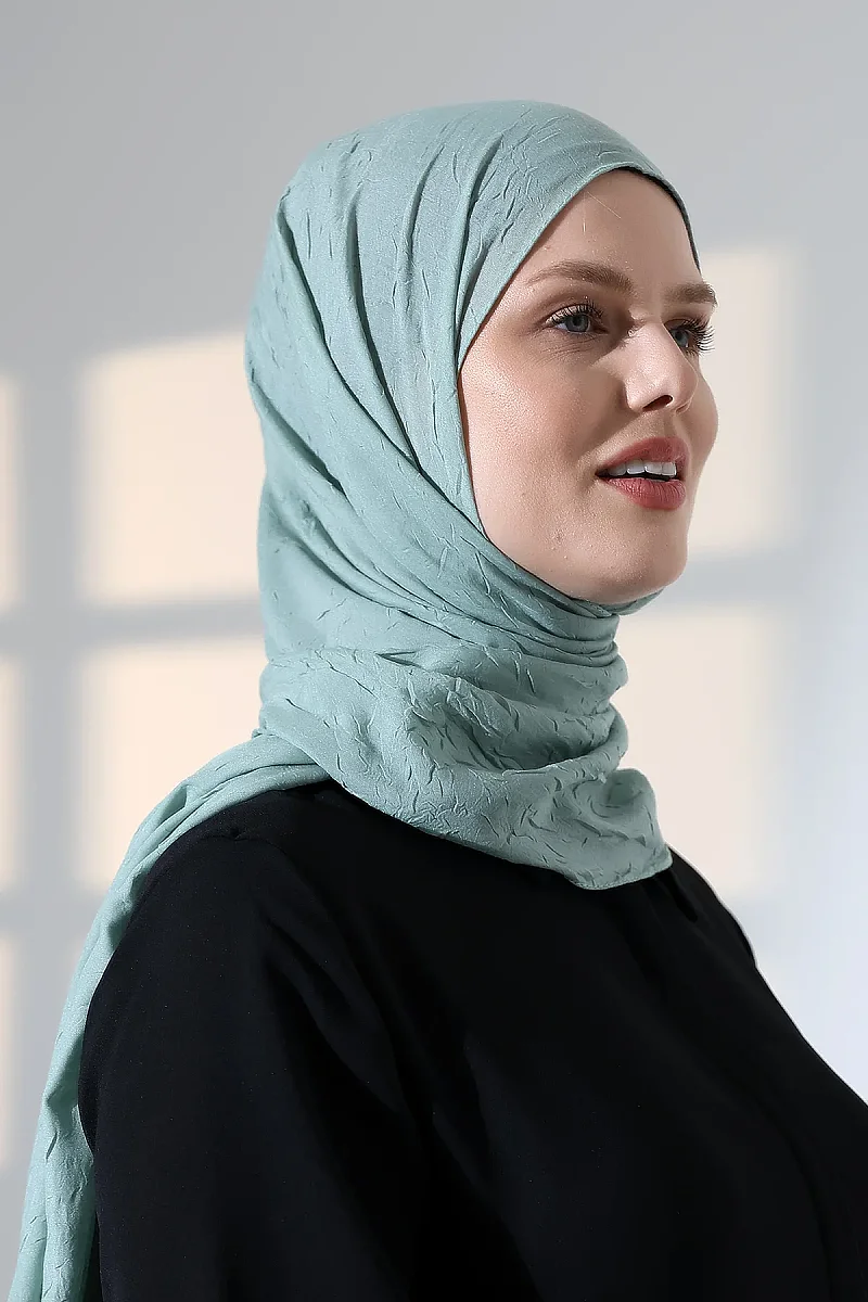 Kadın Tesettür Bambu Kraş Şal, Ütü Gerektirmeyen Doğal Hijab Başörtüsü (75x180 cm) - Yeşil - 1